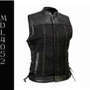 A black vest with leather on the front and back.