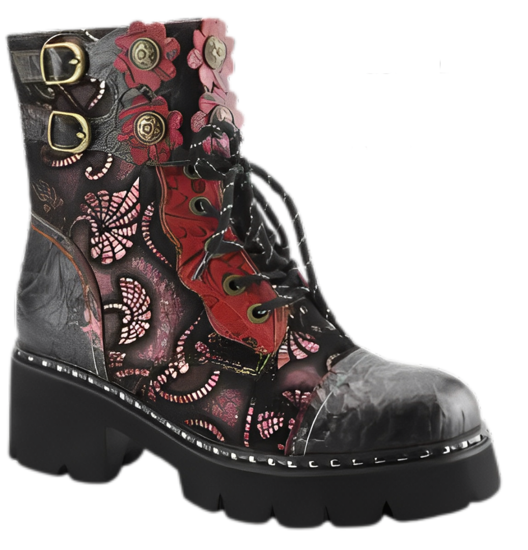 A pair of boots with flowers and metal buckles.