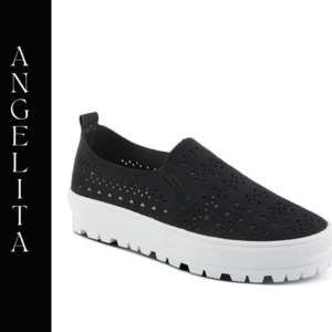 A black shoe with white sole and white bottom.
