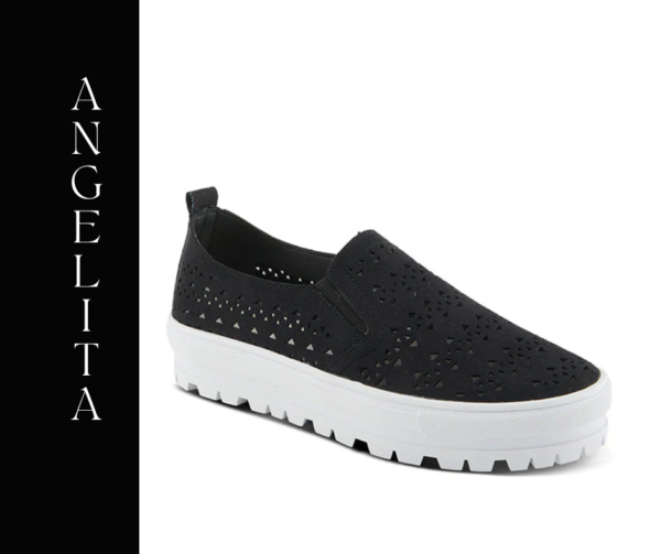 A black shoe with white sole and white bottom.