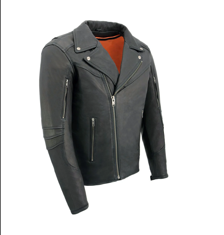 A black leather jacket with orange lining.