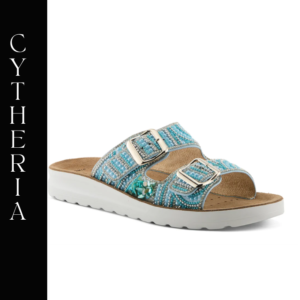 A pair of blue sandals with white soles.