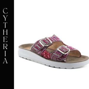 A pair of sandals with pink and red pattern.