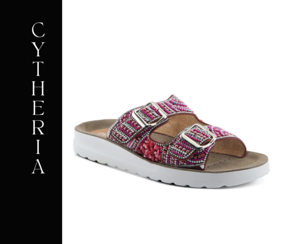 A pair of sandals with pink and red pattern.
