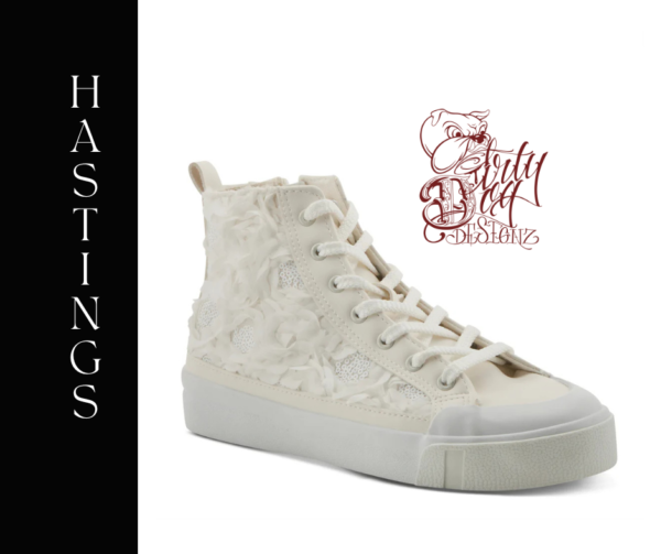 A white sneaker with lace on the side.