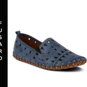 A blue shoe with brown sole and a black pattern on the side.