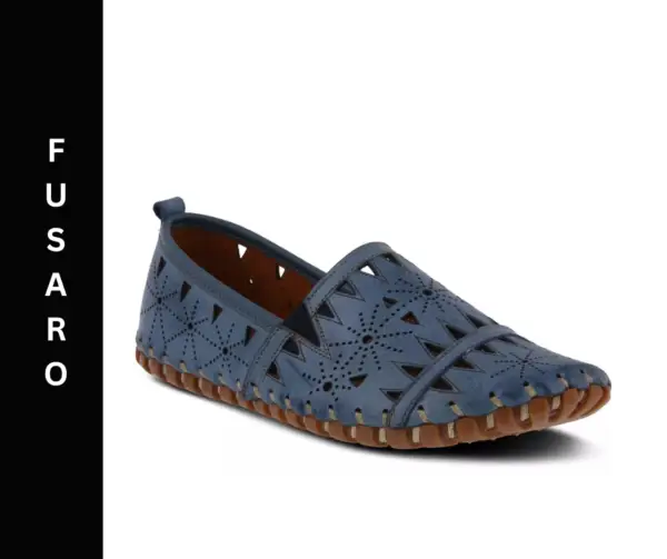 A blue shoe with brown sole and a black pattern on the side.